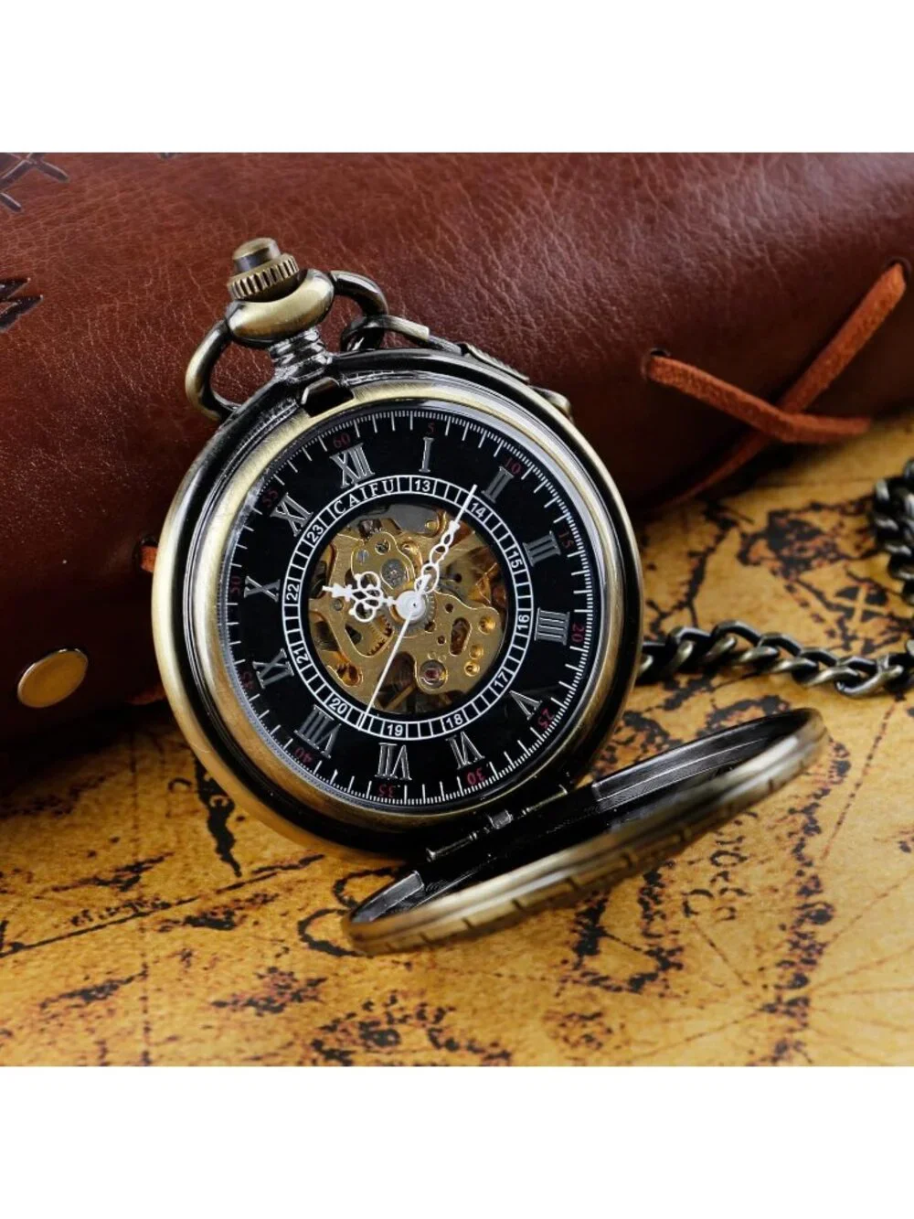 Men's Gold Bronze Horse Skeleton Roman Numerals Hollow Mechanical Pocket Watch